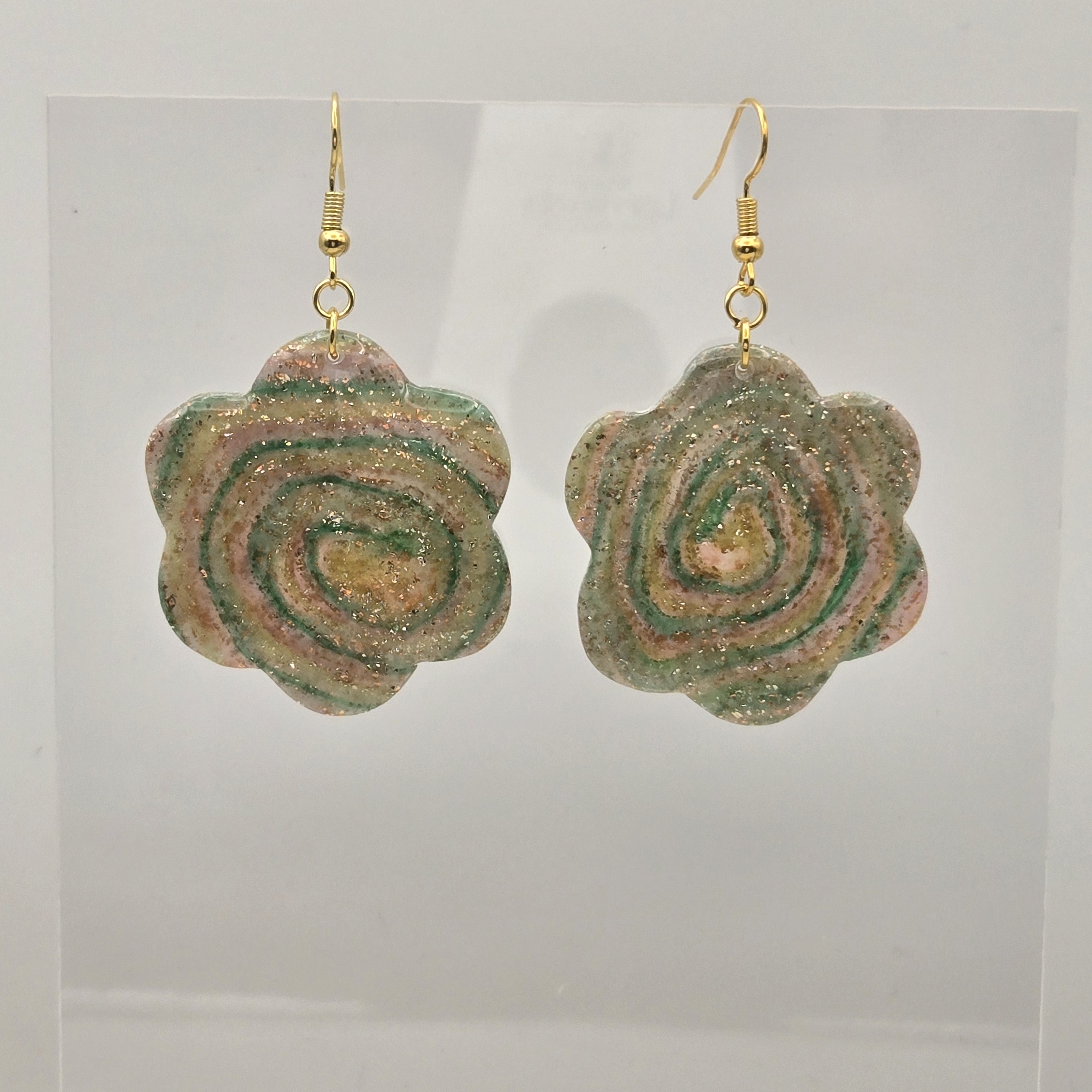 #297- Green And Pink Swirl Flower Drop Earrings With Gold Hooks